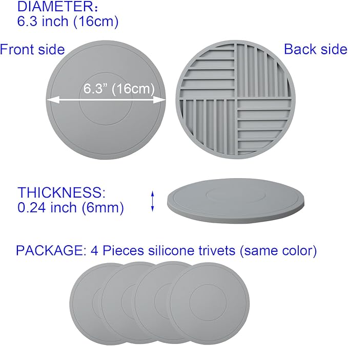 4 Pieces Silicone Trivet Mats, Pot Holders, Kitchen Tools, Heat Resistant Non-Slip Pads for Dishes, Bowls, Jar Opener, Easy to Wash and Dry Pan Cushions (Grey)