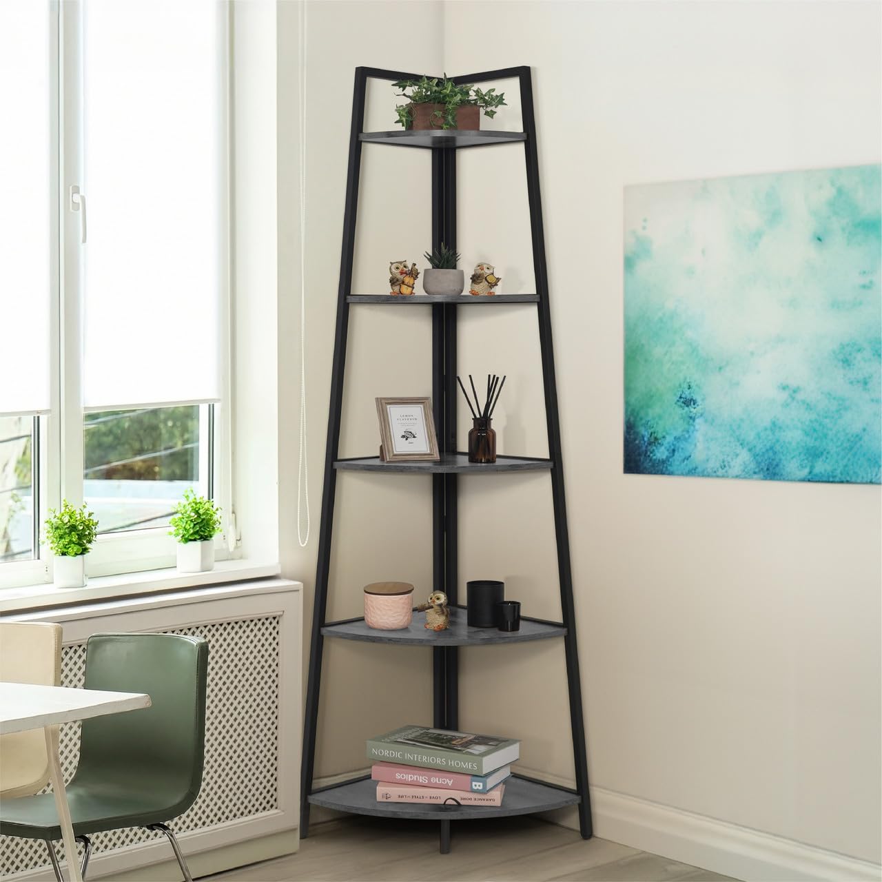 CAPHAUS Tall Corner Shelf Stand, 5-Tier Display Shelves, Ladder Corner Wood Storage Plant Bookshelf with Metal Frame, Versatile Shelving Unit Bookcase for Home Office Space, Dark Grey