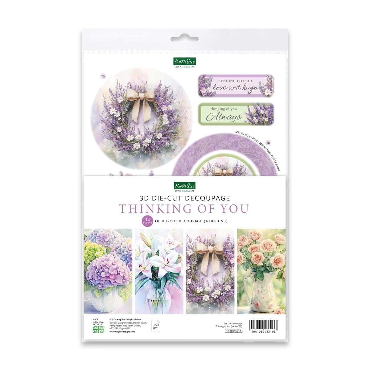 Katy Sue Designs Thinking of You 3D Die Cut Decoupage Collection for Card Making Supplies. Contains 12 Sheets of Katy Sue Die Cut Decoupage Featuring Lavender, Lillies, Hydrangea, and Roses