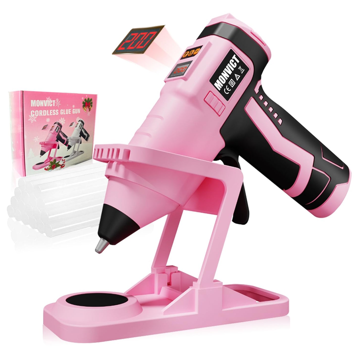 MONVICT 7.4V Cordless Hot Glue Gun with Holder Base, Digital Display Adjustable Temp, Smart Auto-Off, Silicone Pad, 2.6A Rechargeable Battery, Full Size Handheld Electric Power with 10 Glue Sticks