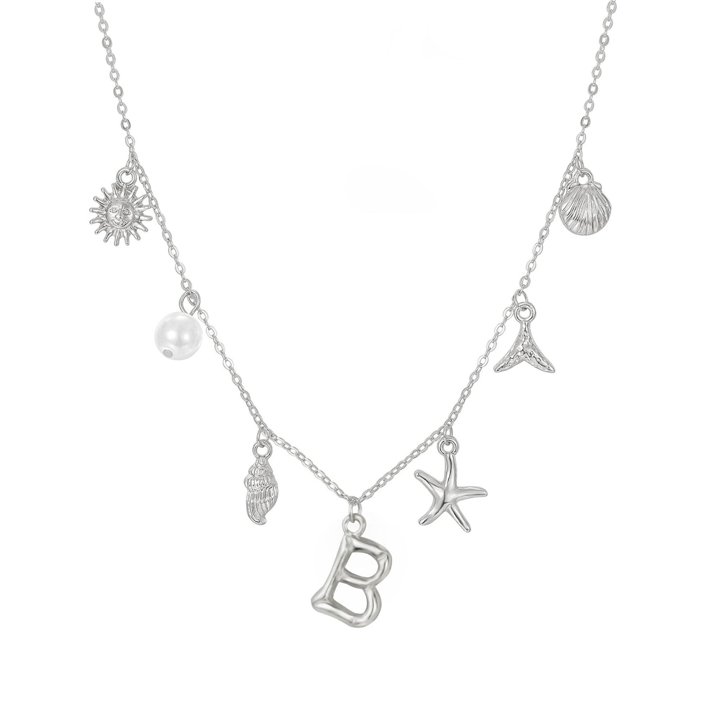 JALZEMPL Initial Charm Necklace For Women Seashell Shell Letter Boho Summer Beach Starfish 14k Gold Plated Silver Pendant Surfer Jewelry Gifts (B,Silver)