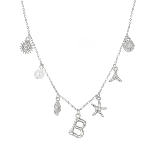 JALZEMPL Initial Charm Necklace For Women Seashell Shell Letter Boho Summer Beach Starfish 14k Gold Plated Silver Pendant Surfer Jewelry Gifts (B,Silver)