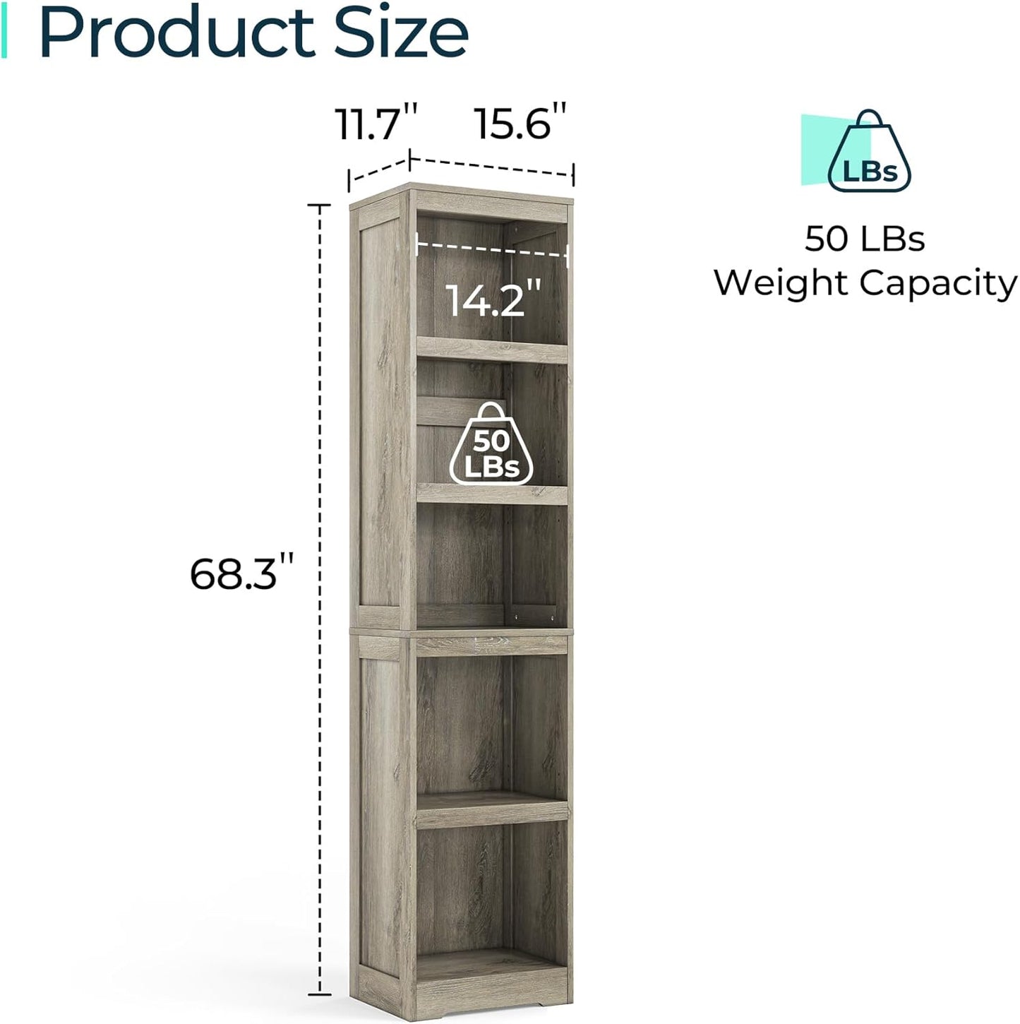 LINSY HOME 5-Shelf Bookcase, Narrow Bookshelves Floor Standing Display Storage Shelves 68 in Tall Bookcase Home Decor Furniture for Home Office, Living Room, Bed Room - Light Brown