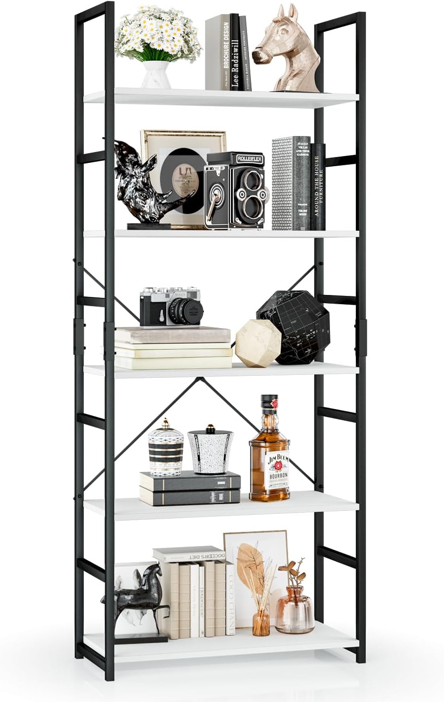 OTK 5 Tier Bookshelf, Tall Bookcase, Office Shelf Storage Organizer, Modern Book Shelf for Living Room, Bedroom, and Home Office, White