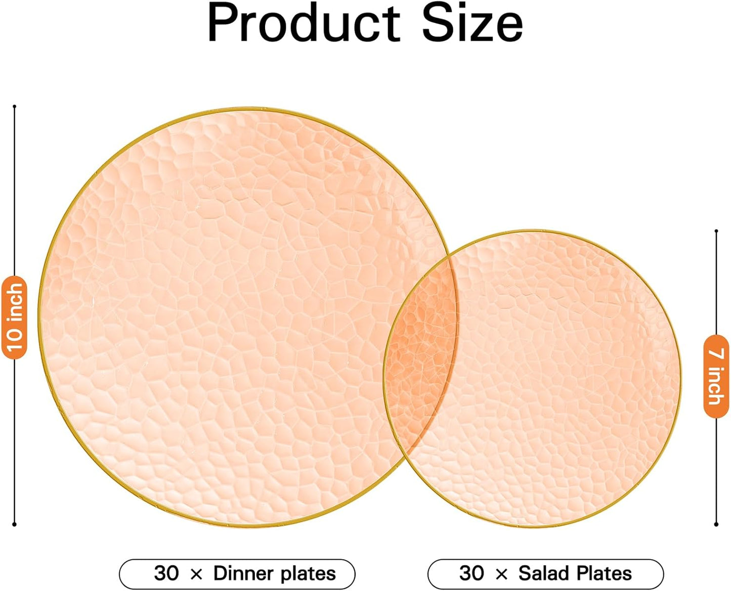 Rubtlamp 60Pcs Orange Plastic Plates, Orange Disposable Plates With Gold Rim, Hammered Plastic Plates Include 30 Dessert Platos, 30 Dinner Platos for Party, Thanksgiving