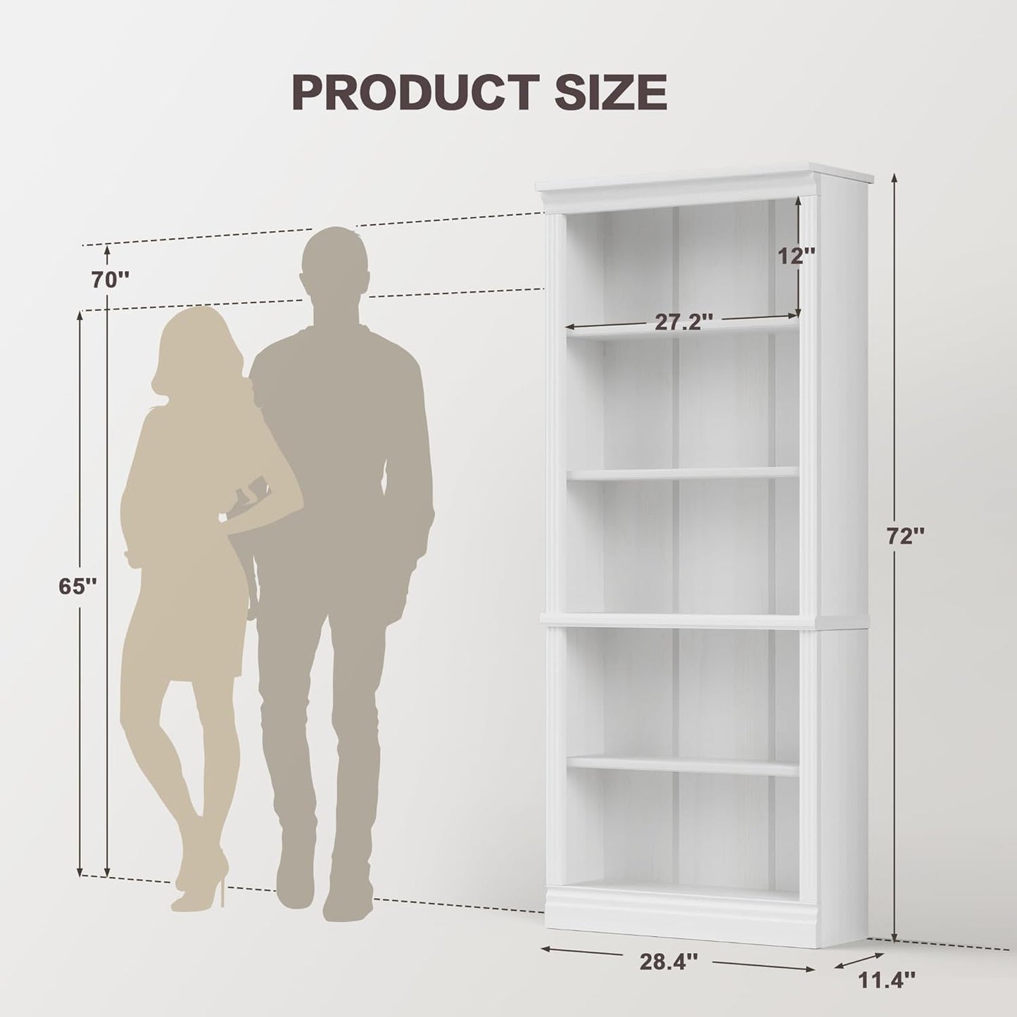 YESHOMY 72" Bookcase and Bookshelf, 5-Tier Wood Bookcases with Shelves, Tall Floor Standing Book Shelf Storage Cabinet Home Decor Furniture for Living Room, Home Office, White, 1 PCS