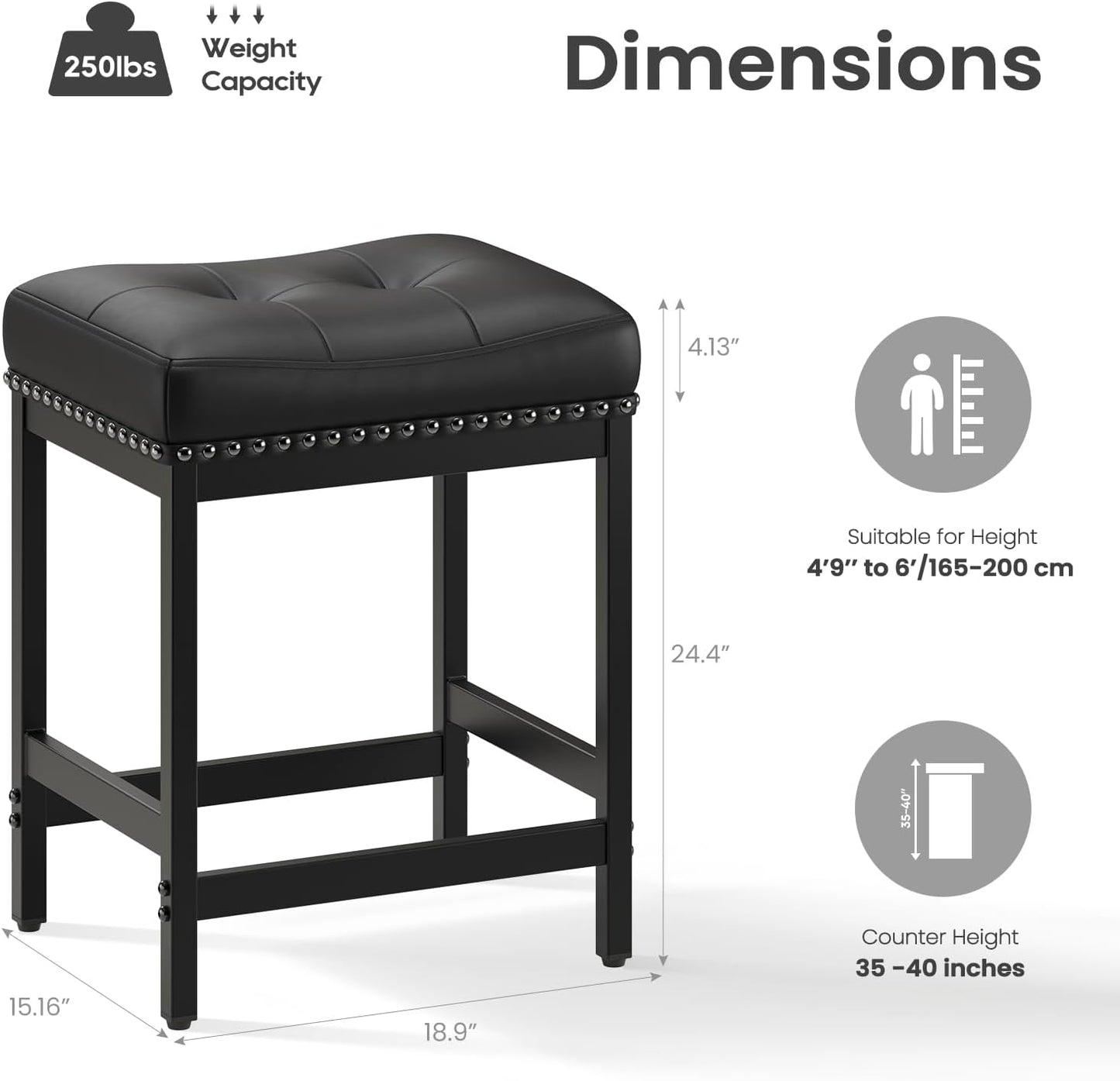 MALOL Set of 3 Saddle Bar Stools Counter Height 24.4”, Black Backless Barstools for Kitchen Island, Modern PU Leather Cushioned Seat, Bar Chairs for Kitchen Counter, Breakfast Bar Stools for Home