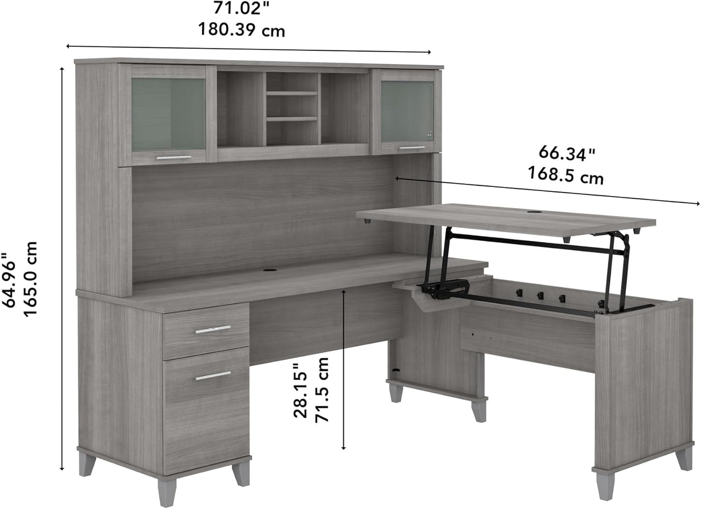 Bush Furniture Somerset 72W 3 Position Sit to Stand L Shaped Desk with Hutch in Platinum Gray | Adjustable Height Table for Office