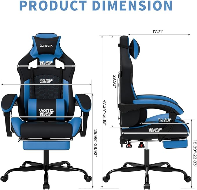 Gaming Chair with Footrest, Gaming Chairs PVC Leather Ergonomic Office Gamer Chair Headrest Lumbar Support Racing Style Video Gaming Chair for Office (Black Blue)