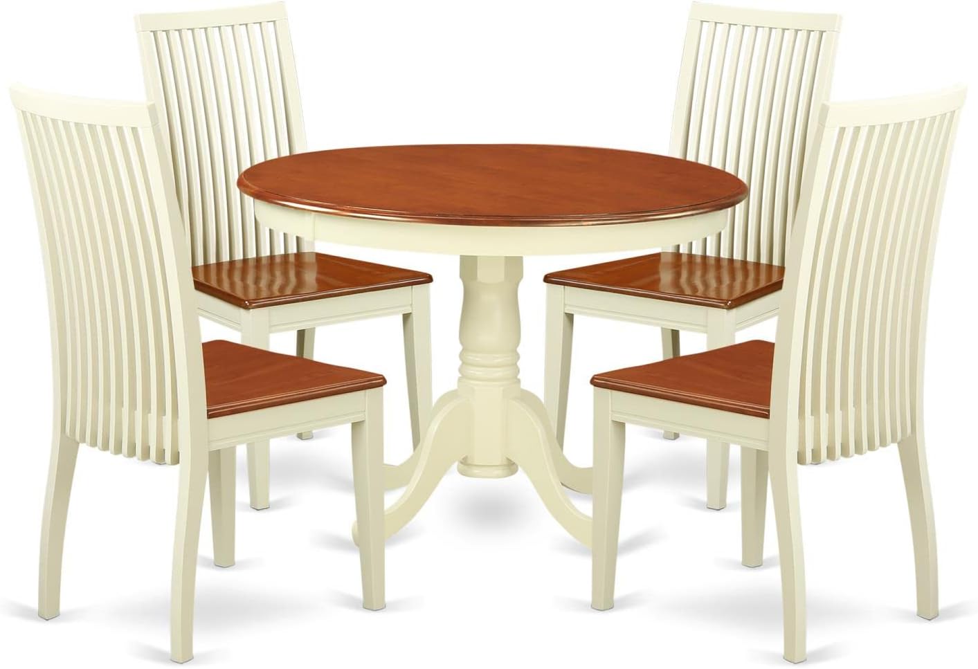East West Furniture HLIP5-BMK-W 5 Piece Dining Room Furniture Set Includes a Round Kitchen Table with Pedestal and 4 Dining Chairs, 42x42 Inch, Buttermilk & Cherry