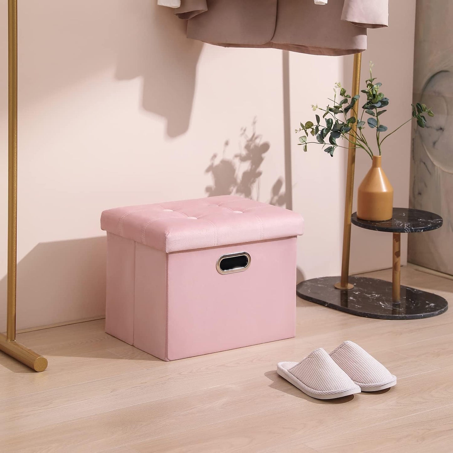 PRANDOM Ottoman with Storage [1-Pack] Velvet Folding Small Square Foot Stool with Lid for Living Room Bedroom Coffee Table Dorm Pink 17x13x13 inches