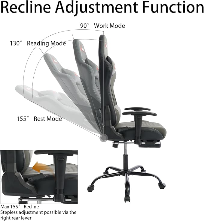 Video Game Chair with Footrest Ergonomic Comfortable Gaming Office Chair Height-Adjustable with a 360° Swivel Base and Headrest(1002-Grey)