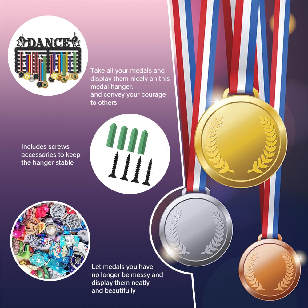 SUPERDANT Dance Medal Hanger Display Dancer Sports Medal Holder Dance Award Metal Medal Organizer Ribbon Rack Wall Mounted Race 6 Rows 24 Hangers Non-Slip Hooks for Athletes Dancer Gifts for Kids