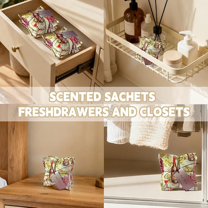 AUCUDA Christmas 4pcs Wine Scented Sachet Bags for Drawers and Closets Decorations, Potpourri Packets for Women Clothes Storage, Winter Holiday Fragrance Pillow for Bedroom Indoor, Air Fresheners.