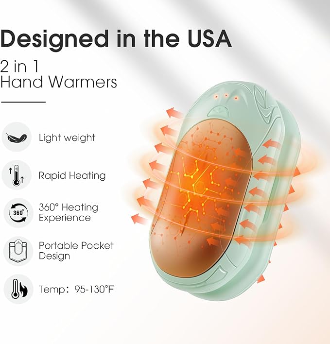 AI Hand Warmers Rechargeable 2 Pack, AI Smart Chips Electric Hand Warmers, 20Hrs Long Safe Heat, Portable Pocket Heater, Gifts for Christmas, Outdoor, Hunting, Golf, Camping Accessories