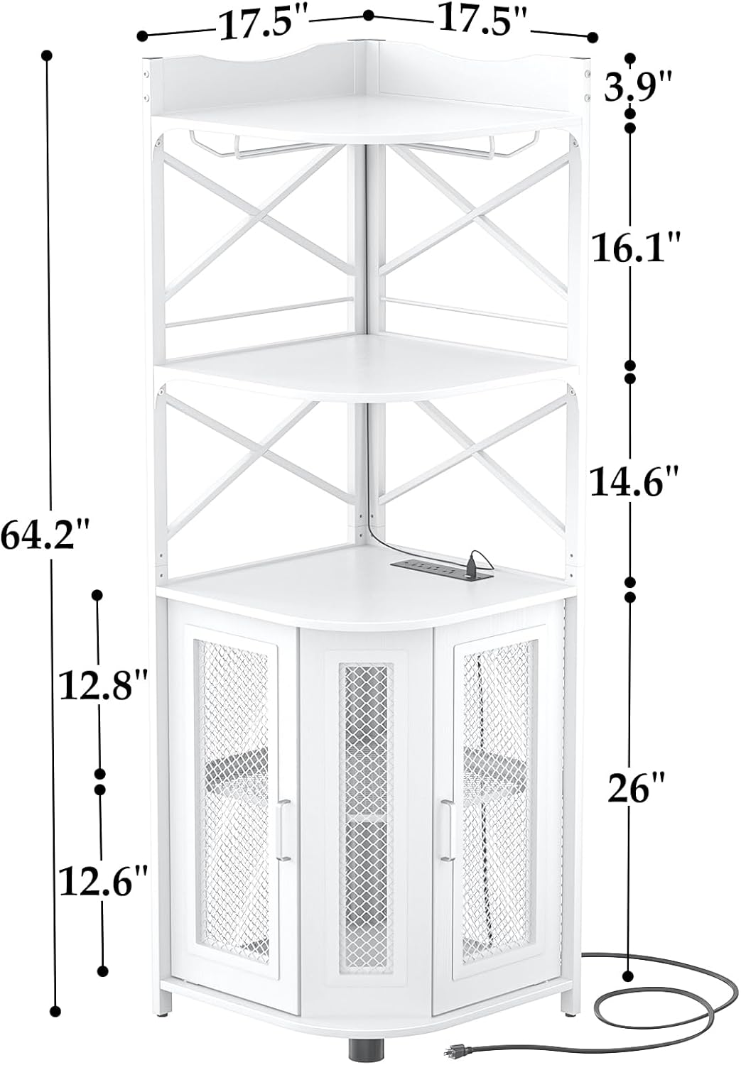 Aheaplus Corner Bar Cabinet with Power Outlet, Industrial Wine Cabinet with LED Strip and Glass Holder, 5-Tiers Liquor Cabinet Bar Unit for Home, Corner Display Cabinet for Small Space, White