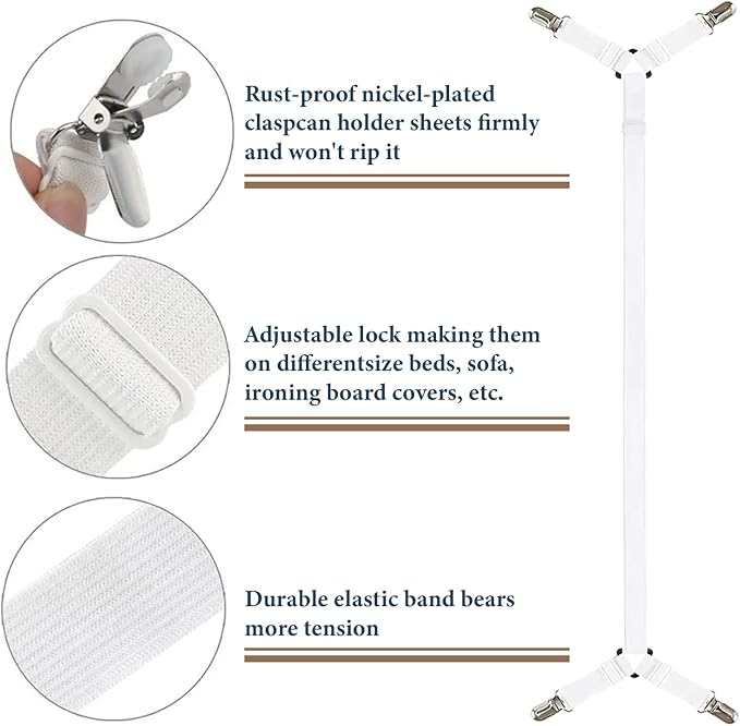 Bed Sheet Straps, Adjustable Durable Bed Sheet Holder Straps with Metal Clips, Elastic Sheet Holders Keep Sheets Firm & Tight 2PCS White