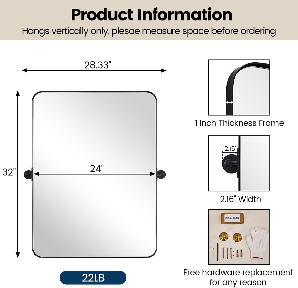 MOON MIRROR Matte Black Pivot Mirror for Bathroom, Tilt Rounded Rectangle for Vanity, Overall 28.33x 32 in (Mirror 24x32 in)