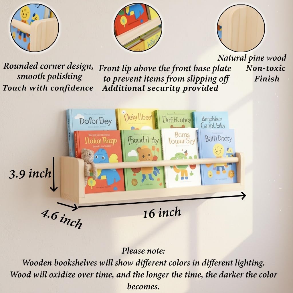 Esonal Natural Wood Nursery Floating Shelves Set of 3– Wall Mounted Kids Bookshelf & Toy Organizer – 16 Inch Rustic Pine Hanging Display Book Shelves for Bedroom, Playroom, and Baby Decor