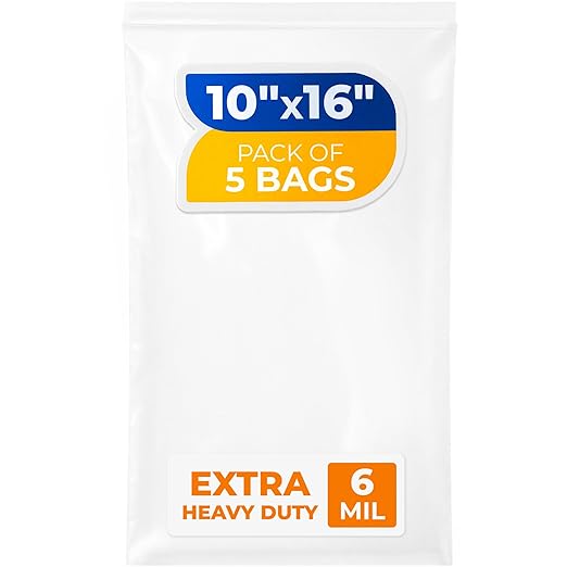 10" x 16" Medium Zip Seal Lock Bags, 6 Mil (Pack of 5) – Heavy-Duty Reclosable Plastic Bags – Clear, Resealable, Waterproof – For Storing and Organizing Clothes, Jewelry, and Travel Items