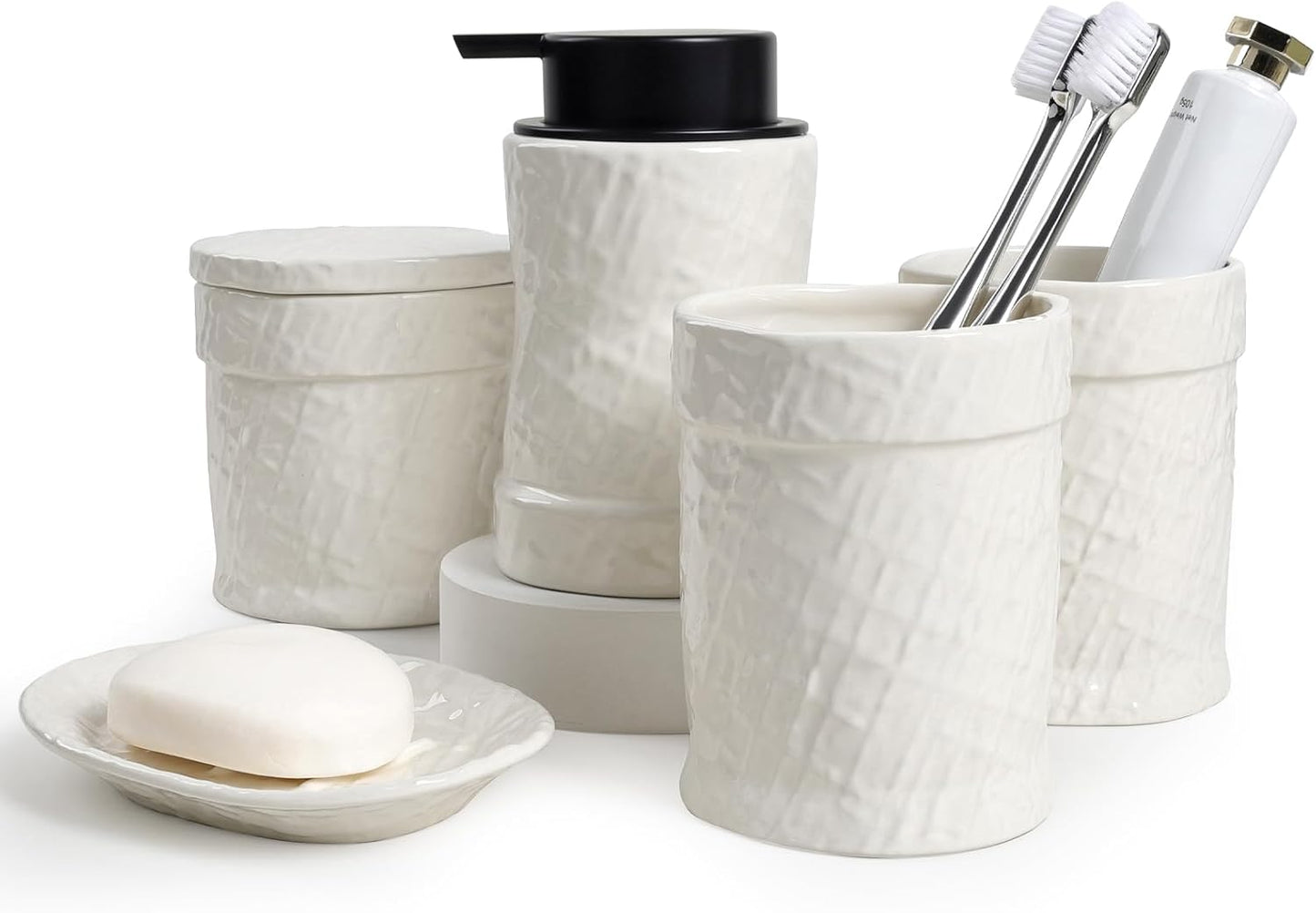 White Bathroom Accessory Set 5PCS, Ceramic Bathroom Accessories Set, Minimalist Textured Design Liquid Soap Dispenser Set Complete, Home Bathroom Decor Vanity Countertop, ANTIS'S HOME
