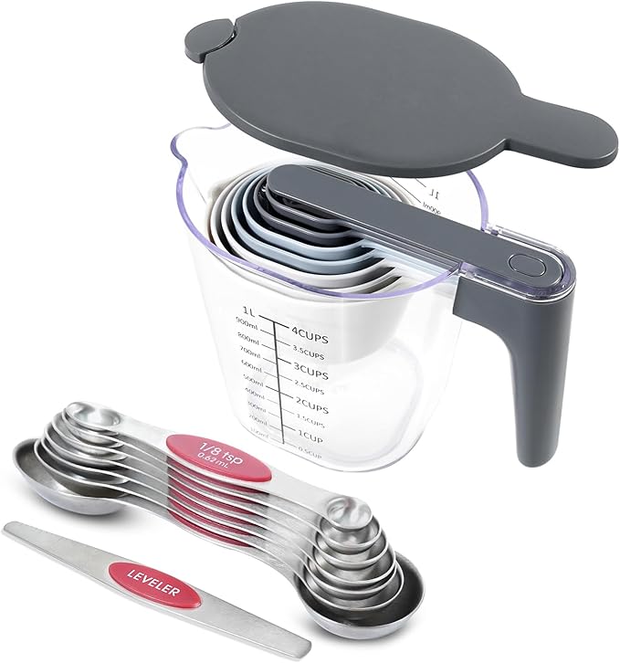 18 Pieces Measuring Cups and Spoons set, Includes 10 Stackable Measuring Cup with Lid and 8 Magnetic Measuring Spoons Set for Liquid and Dry, BPA Free (Red)