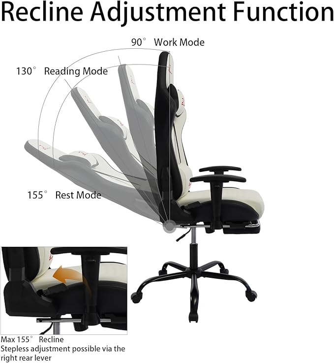 Video Game Chair with Footrest Ergonomic Comfortable Gaming Office Chair Height-Adjustable with a 360° Swivel Base and Headrest(1002-White)