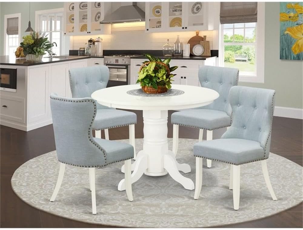 East West Furniture SHSI5-WHI-15 5 Piece Dining Table Set for 4 Includes a Round Kitchen Table with Pedestal and 4 Baby Blue Linen Fabric Parson Dining Chairs, 42x42 Inch, Linen White