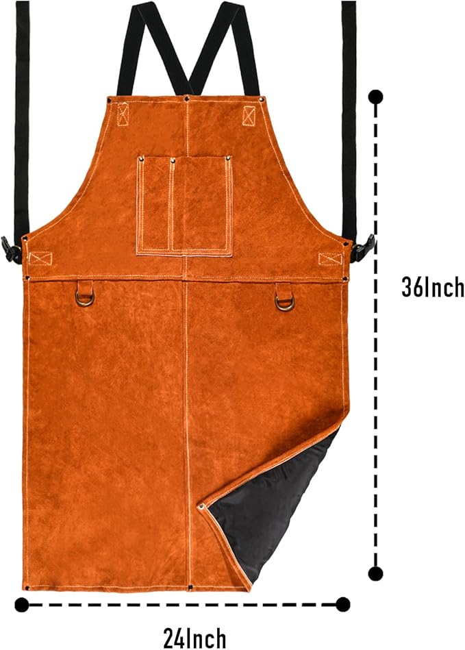 Leather Welding Work Apron - Heat Resistant & Flame Resistant Bib Apron, Flame Retardant Heavy Duty BBQ Apron