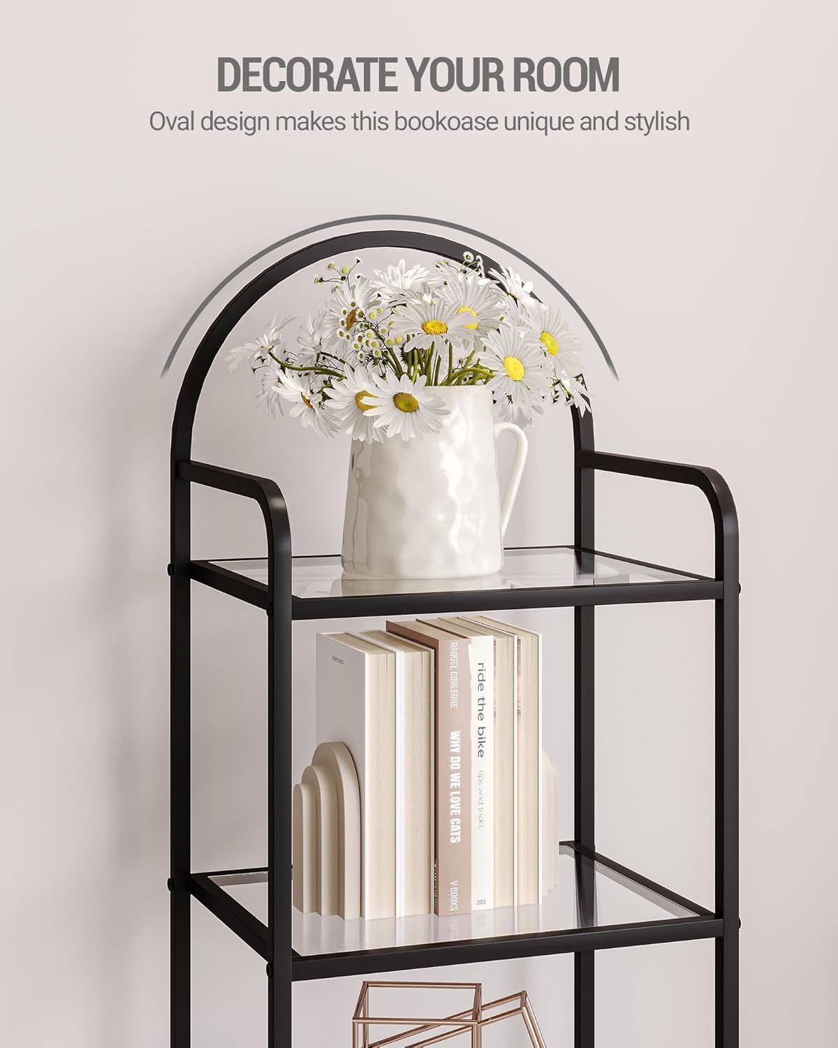 Bookcase Bookshelf, Tempered Glass Bookshelves, Slim Shelving Unit for Bedroom, Bathroom, Home Office, Steel Frame, 5 Tier Black BC05001B