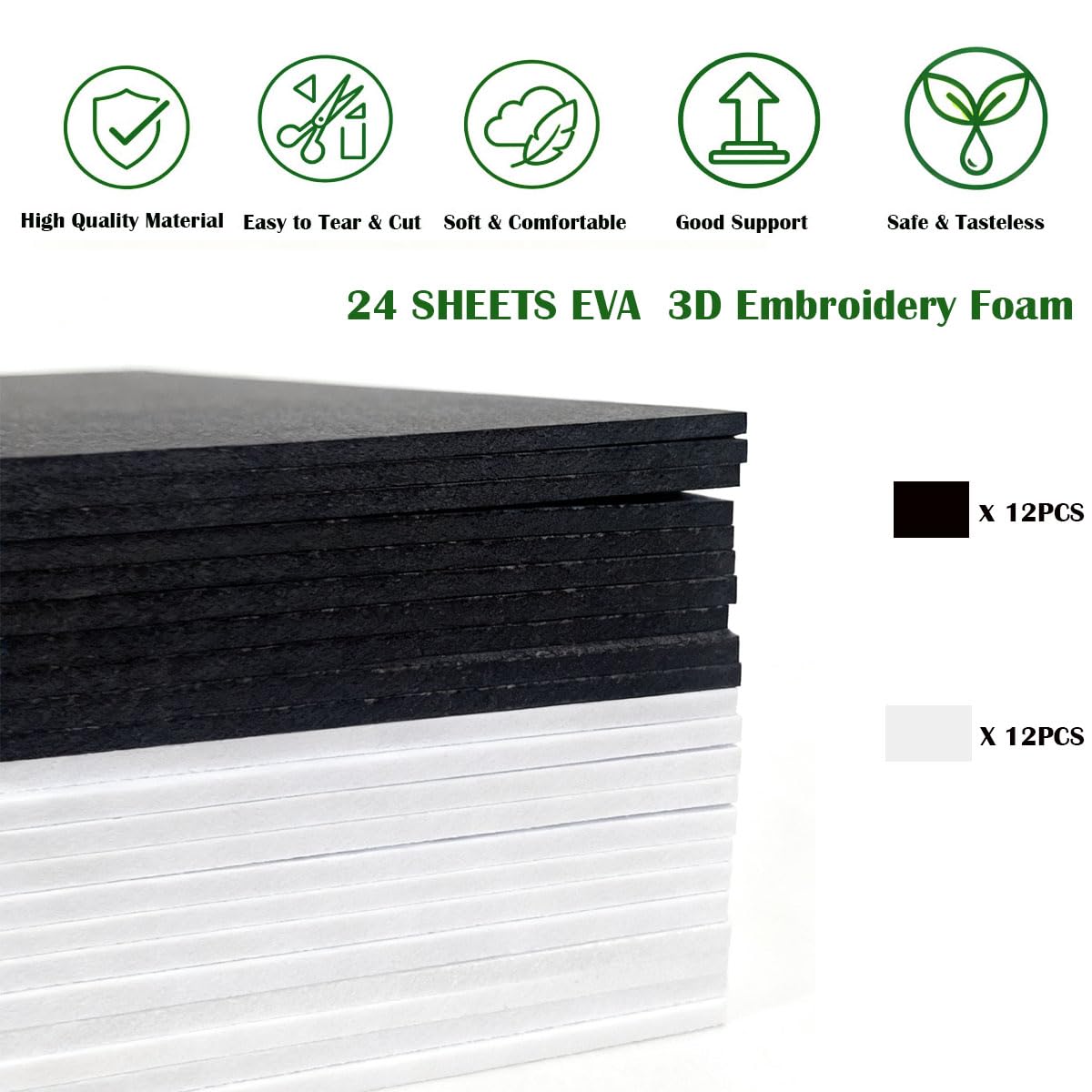 BLOSSIONA 24pcs 3mm Embroidery Foam Sheets for 3D Embroidery Arts and Crafts 9x6 Inch EVA Foam for Cosplay Costumes DIY Projects 3D Puff Foam Embroidery for Hats (Black&White)