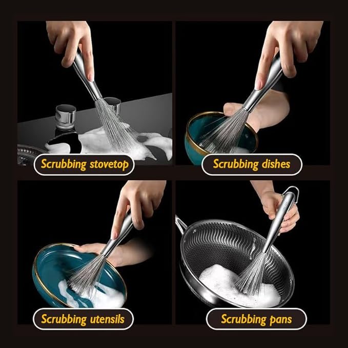 Stainless Steel Dish Brush with Handle, Metal Steel Wool Scrubber for Cast lron, Cookware, Pot(2 PCS)