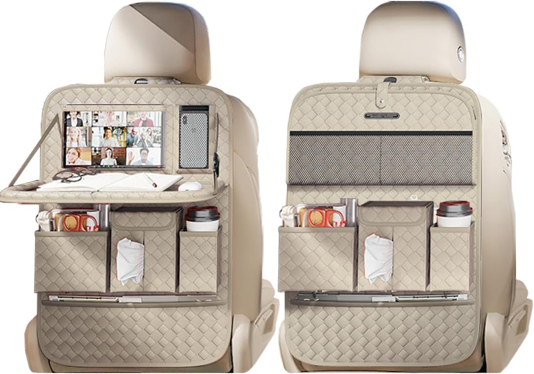 Car Seat Organizers,Multi-functional Back Seat Protectors, Storage Pouches, and Tray Holders (for Cars, Kids, Seat Back and Rear Seats) (Woven Beige, 2 Pcs)