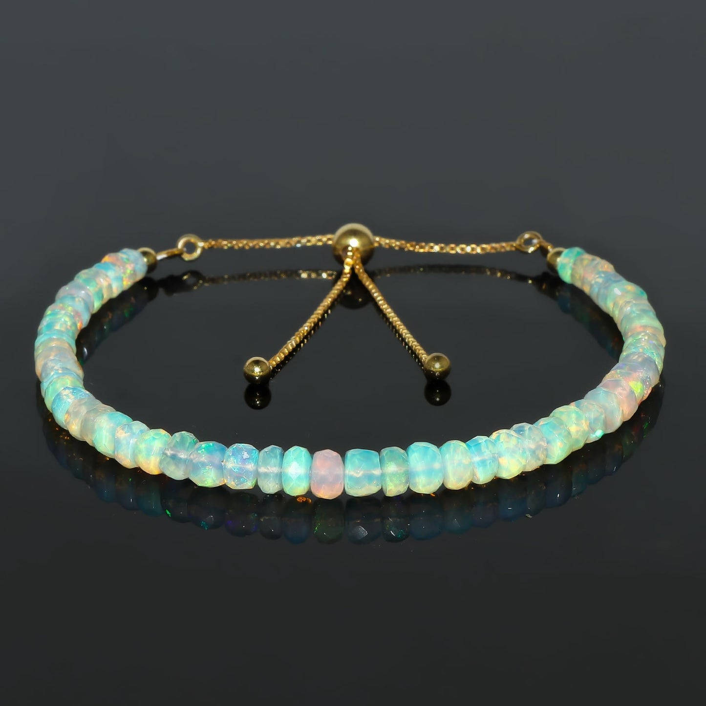 CRYSTALINES Natural Ethiopian Opal Gemstone Bolo Bracelet, 14K Gold Plated Dainty Bracelet, Handmade Boho Jewelry, Chakra Healing Crystals, October Birthstone, Adjustable Chain, Gift for Her, 10inch