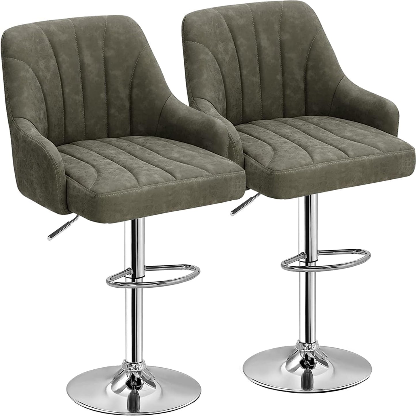 VECELO Bar Stools Set of 2, Adjustable Barstools, Counter Height Stools with Back and Arm, Kitchen Island Stools, Swivel PU Leather Chairs for Pub, Dining Room, Modern Style, Dark Grey