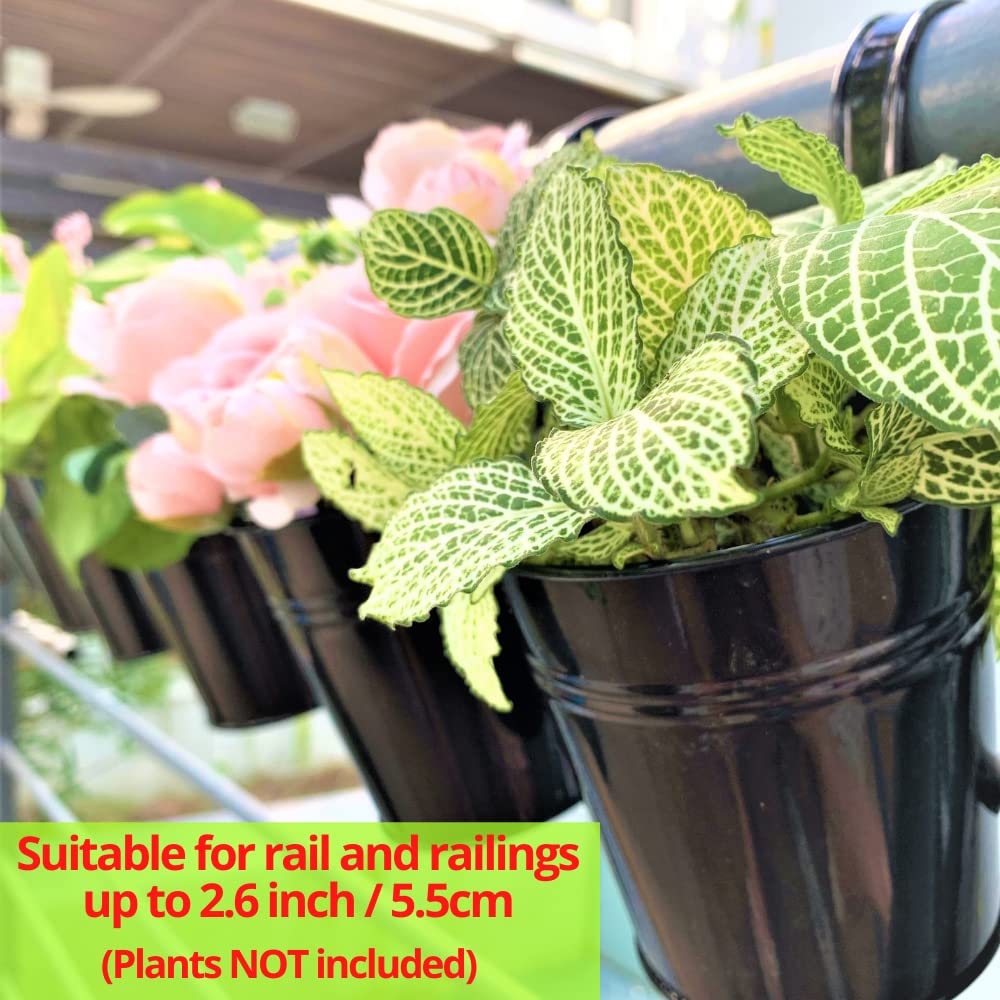 LaLaGreen Bundle - 10 Pack, 6 Inch Black + 4 Pack, 11.2 Inch Black Metal Pots,Large Iron Fence Bucket Plant Flower Herb Planter Box Balcony Rail Window Patio Porch Hook Decor Outdoor Farmhouse Design