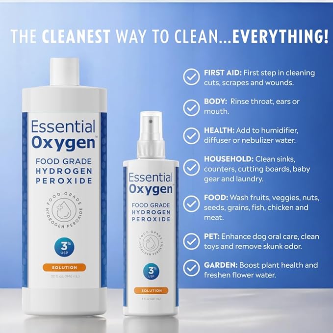 Essential Oxygen, Food Grade Hydrogen Peroxide, 8 + 32 fl oz, Natural Cleaner, 3%, 1 - 8 fl oz spray and 1 - 32 fl oz bottle, Refill, HP (Pack of 2)