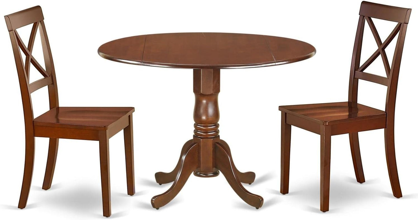 East West Furniture DLBO3-MAH-W 3 Piece Modern Dining Table Set Contains a Round Wooden Table with Dropleaf and 2 Dining Room Chairs, 42x42 Inch, Mahogany