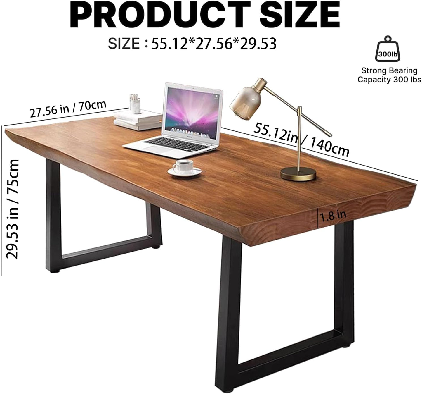 Modern Minimalist Solid Wood Office Desk with Metal Base Easy to Assemble Durable Writing Table Dining Table Computer Desk Multiple Ideal for Living Room and Dining Room (55inch)