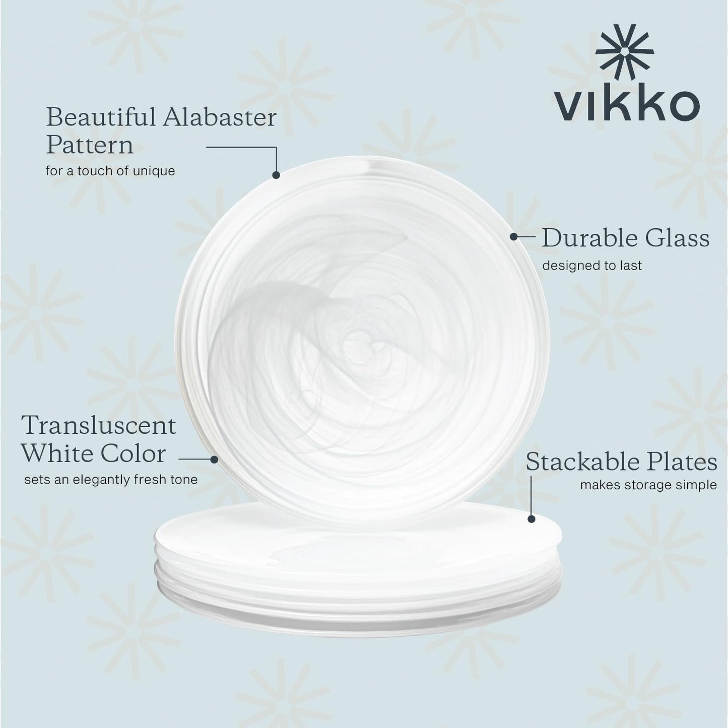 Vikko Dinner Plates, Set of 4 White Alabaster Plates, 11" Plate with Marbelized, Swirl Design, Elegant Glass Plate, Dishwasher Safe
