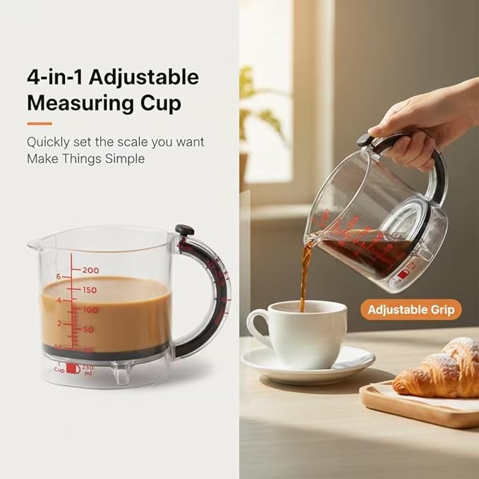 4-in-1 Adjustable Measuring Cup with Scraper Lid & Push-Up Base, Multi-function 1 Tbsp to 1 Cup Kitchen Tool for Sticky Ingredients, Baking & Cooking, Space Saving Design (Size Options) (1)