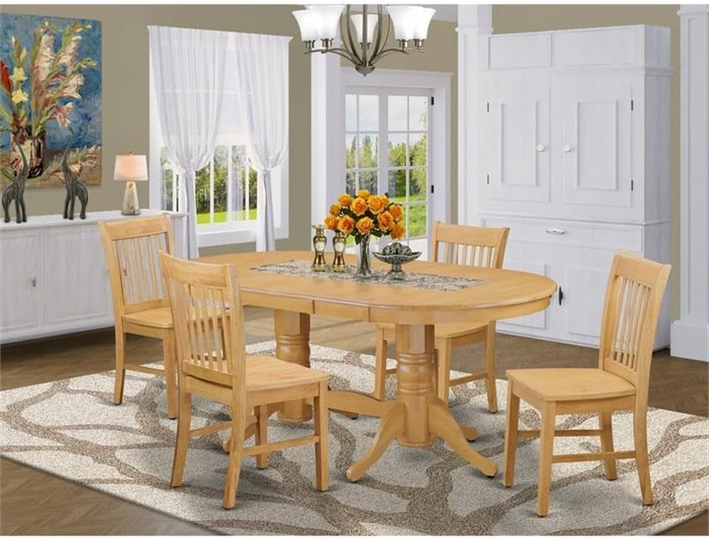 East West Furniture VANO5-OAK-W 5 Piece Dinette Set for 4 Includes an Oval Dining Room Table with Butterfly Leaf and 4 Dining Chairs, 40x76 Inch, Oak