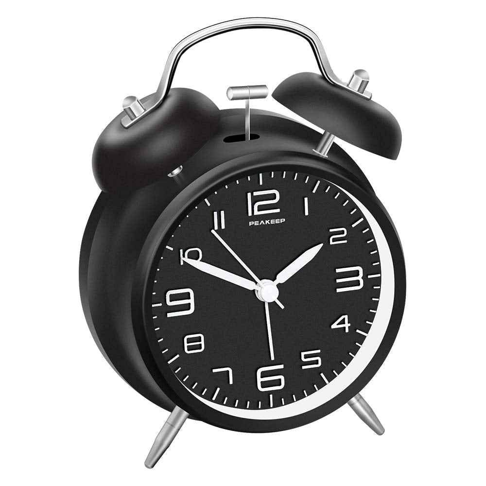 Peakeep 4 Inches Twin Bell Loud Alarm Clock for Heavy Sleepers, Backlight, Battery Operated Old Fashioned Alarm Clock for Bedrooms (3D-Dial, Black)