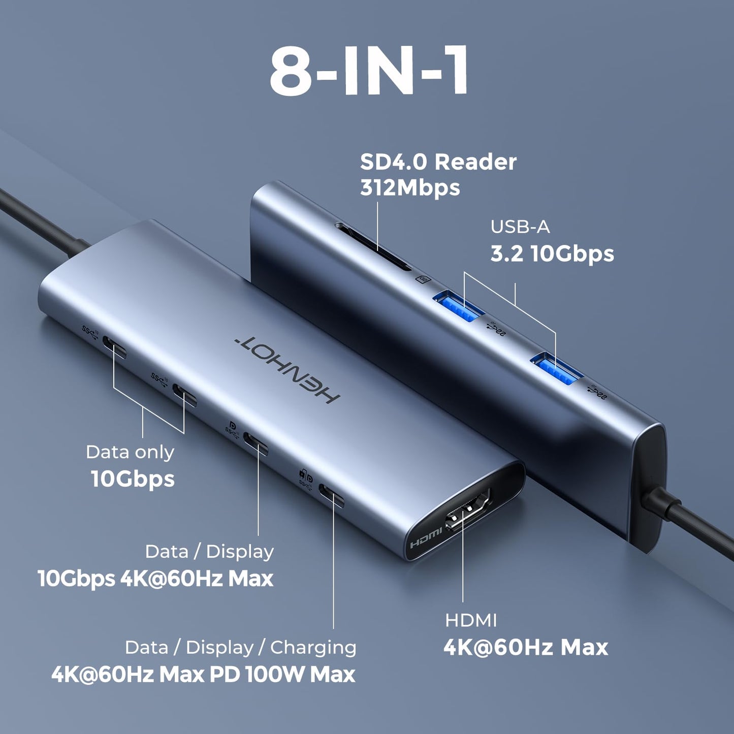 Versatile Usb C Video Hub 3 Monitors Docking Station With Dp Alt Dual 4K@30Hz, Hdmi, 100W Pd, 10Gbps*6Ports, Sd 4.0, Laptop Dock