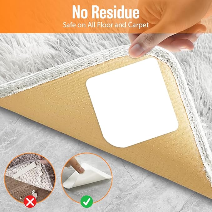 8 Pcs Rug Tape, Reusable Carpet Tape for Area Rugs，Non Slip Rug Pads Grippers for Hardwood Floors and Tiles, Double-Sided Adhesive Rug Stickers Keep Corners Flat, No Damage to Floor