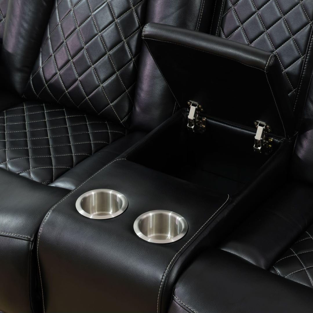 Electric Power Recliner Loveseat Set Living Room Furniture, Comfy Home Theater Breathing Leather Seating with USB 2.0 Charging Ports, LED Light Strips, Mid Console and Cupholders (Black)