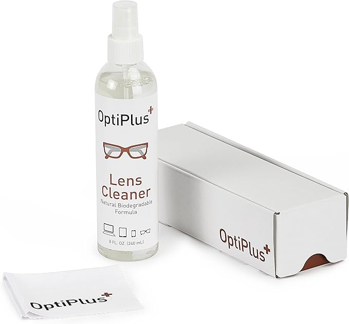 OptiPlus Lens Cleaner | Spray Kit Suitable for Cleaning Eyeglasses, Reading Glasses, Sunglasses, Goggles, Shields and All Lens Types | Premium Microfiber Cleaning Cloth (8 Fl. Oz)