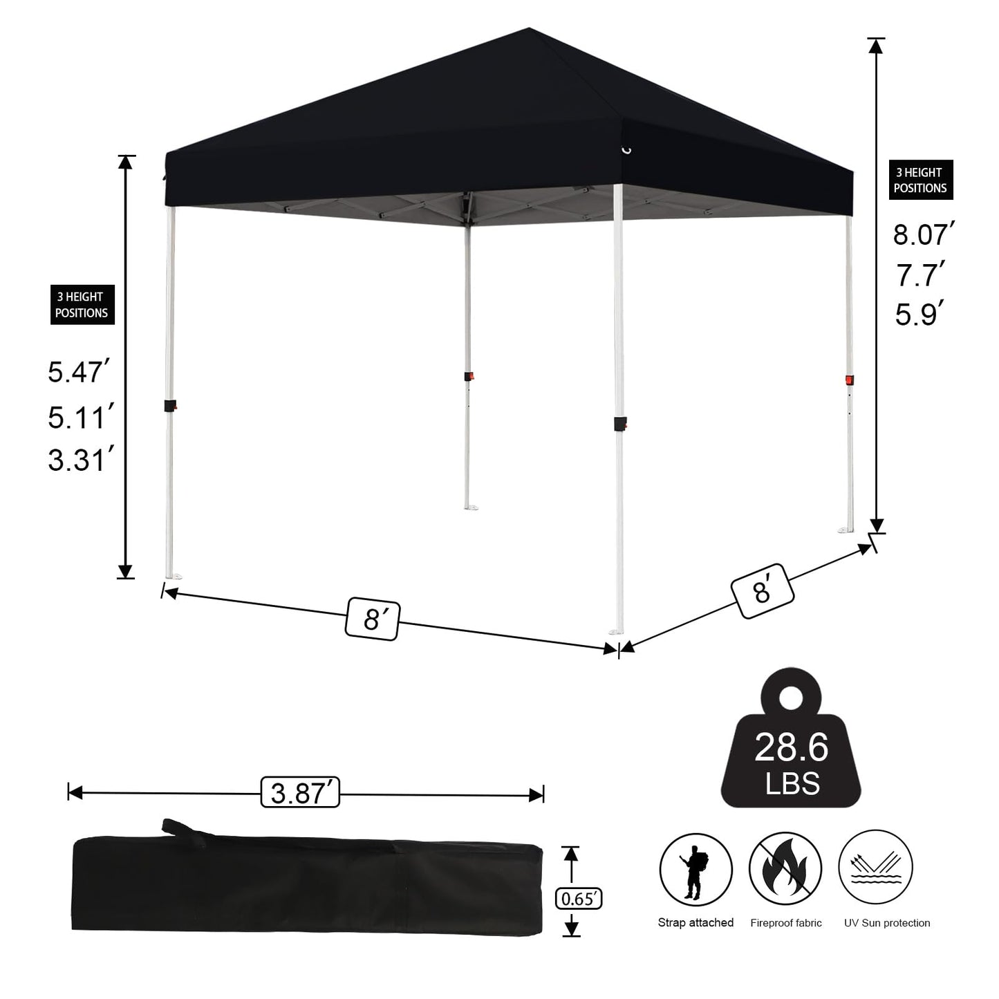 Northroad 8X8 FT Pop Up Canopy, Outdoor Instant Canopy Tent w/Carrying Bag, Portable Gazebo Shelter for Wedding Party,Commercial Event,Patio,Garden,Beach -Black