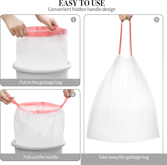 3Rolls Drawstring Small Trash Bags,4 Gallon Thicken Drawstring Small Garbage Bags for Kitchen,Bathroom,Bedroom,Home,Office Trash Cans，60 Counts (White)