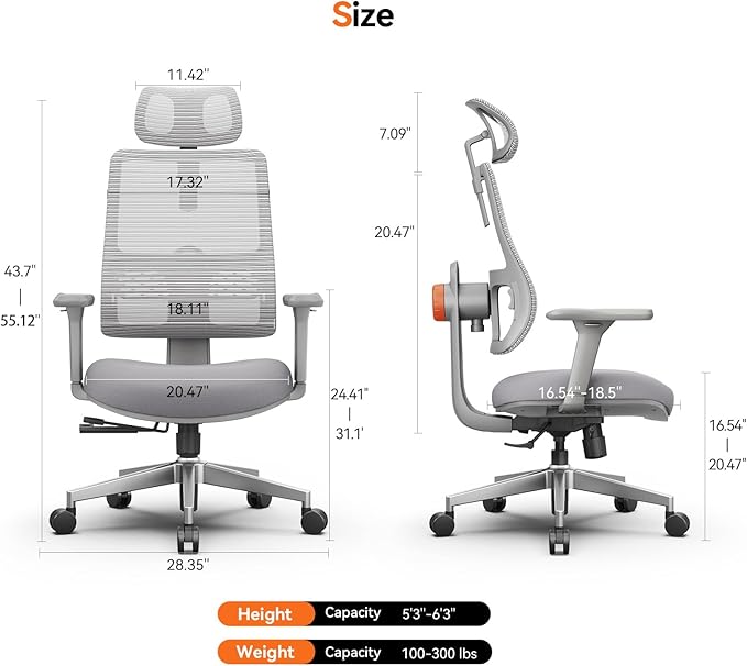 Newtral Office Chair with Lumbar Support- High Back Ergonomic Desk Chair with Adjustable Headrest, 3D Armrest, Adjustable Seat Depth & Height, Home Office